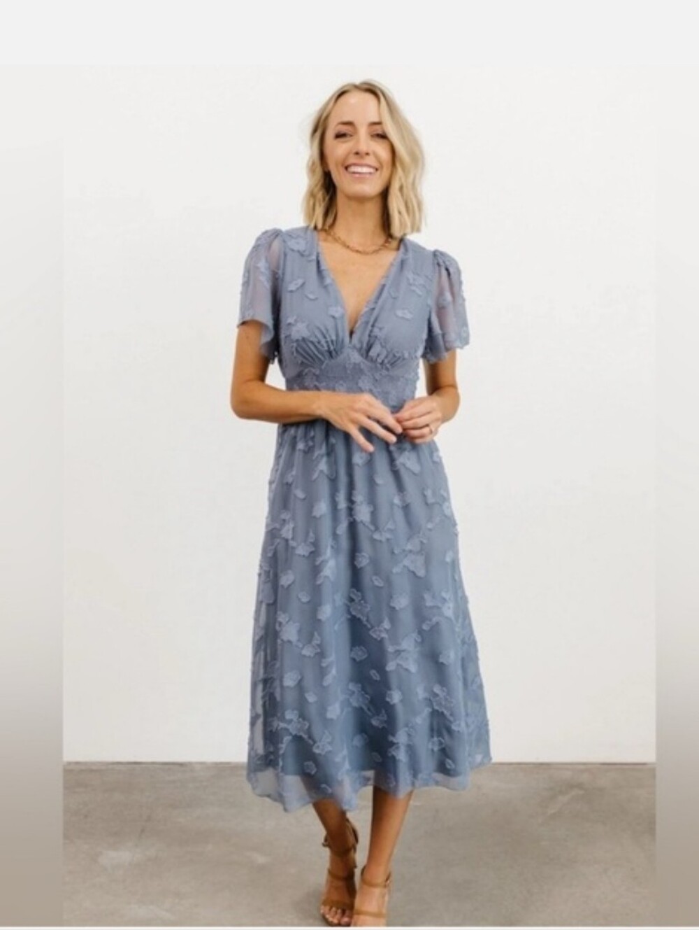 Baltic Born Dusty Blue Textured Midi Dress with V-Neck